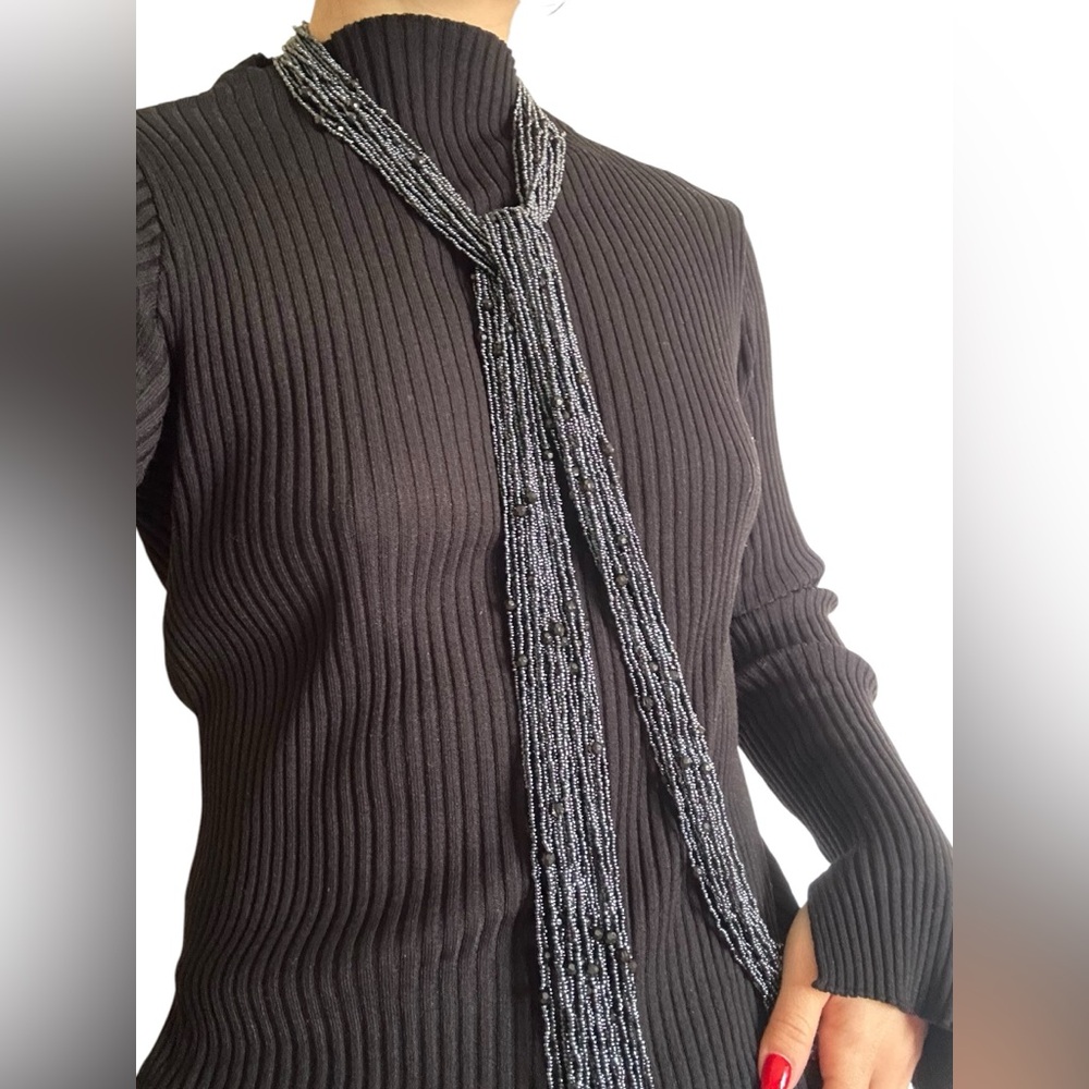 Elegant Vintage Women’s Bead Neck Fringe Scarf, Black Gray